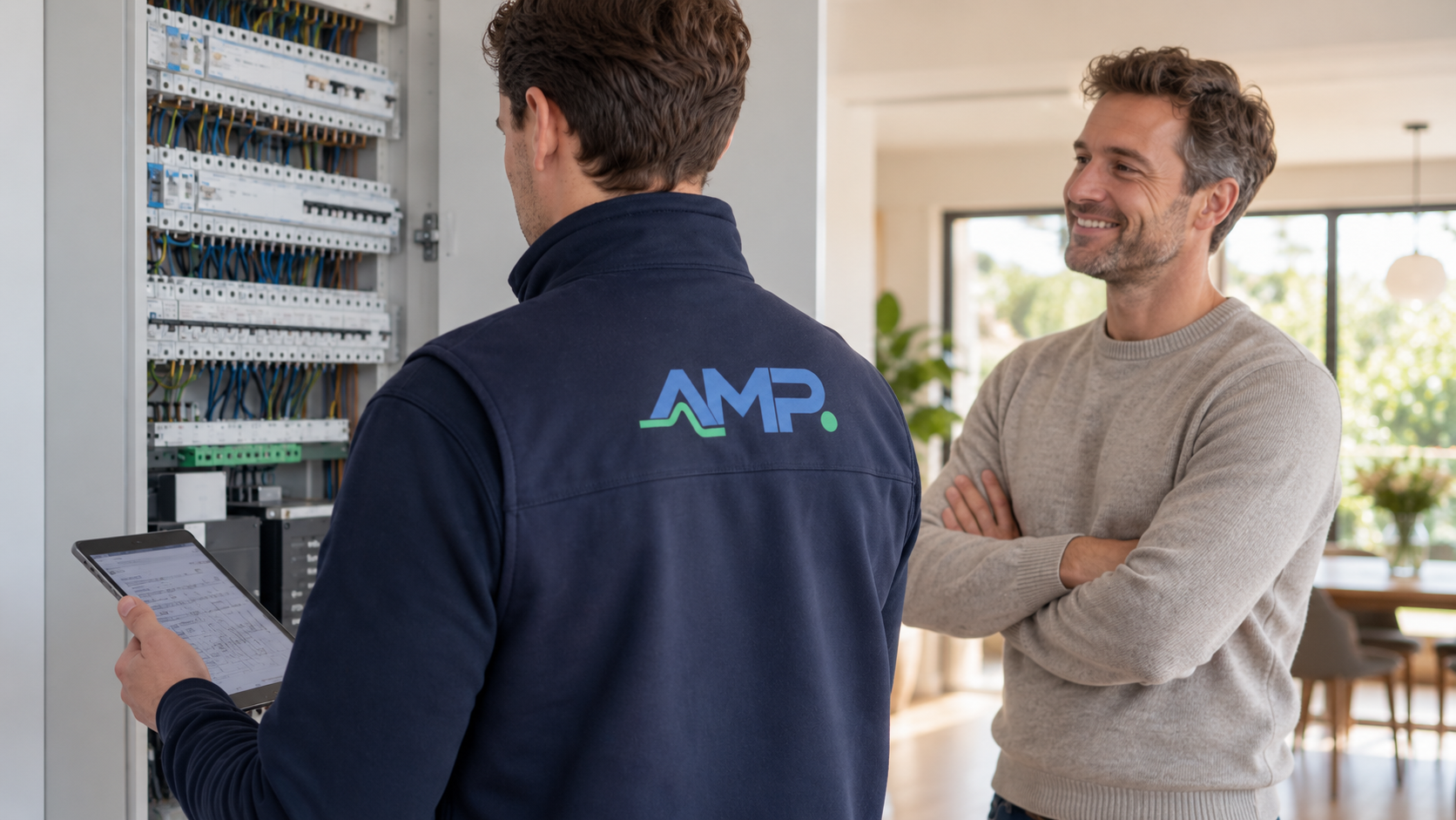Ampere-keurder controleert een elektrische installatie terwijl een klant meekijkt